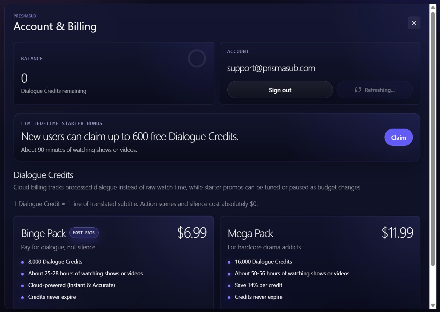 PrismaSub Account and Billing screen showing a 600-credit welcome offer